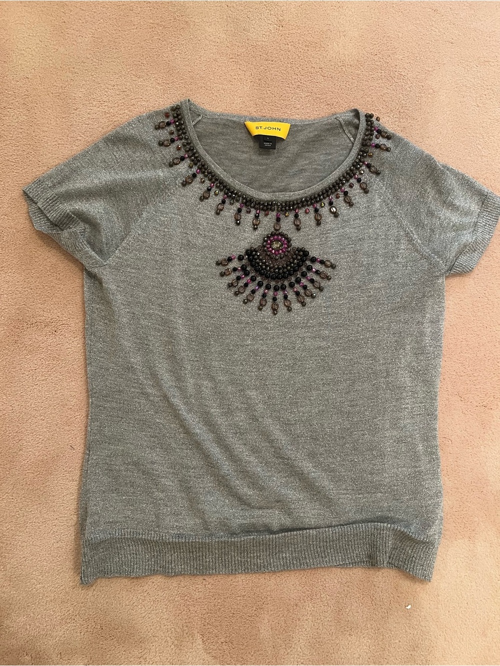 St. John Metallic Silver Short Sleeve Knit Top with Beaded design (size L)